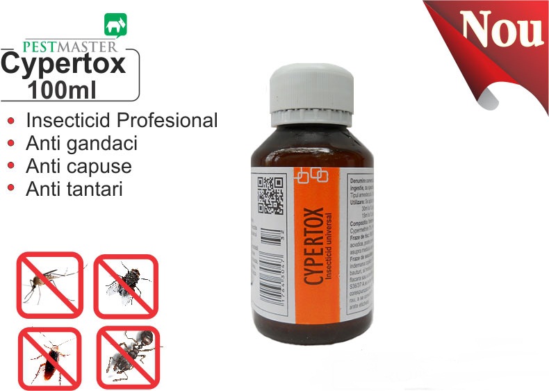 Insecticid profesional impotriva gandacilor, puricilor, mustelor, tantarilor, furnicilor - Cypertox 100 ml 